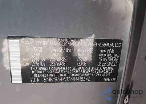 2022 Hyundai Santa Fe Sel из США, поврежденный, VIN 5NMS64AJ2NH418346